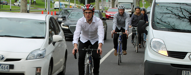 Bike riders navigating the existing bike lanes on St Kilda Road