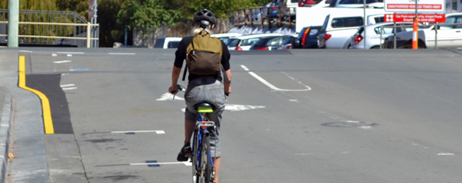 Bike rider on Collins Street, Hobart