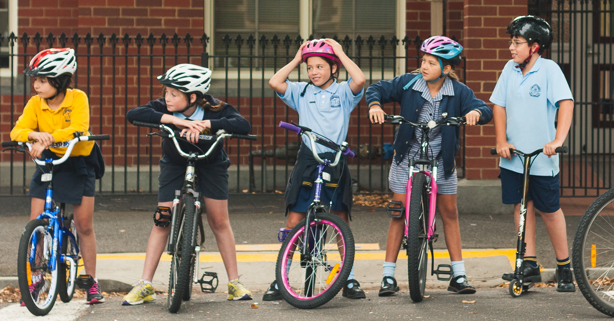 Kids on bikes at National Ride2School Day