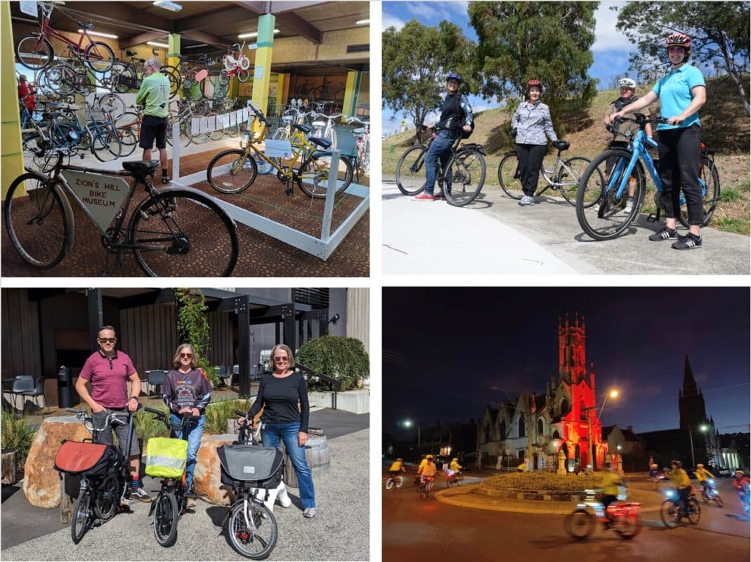 four photos showing man wearing a TBUG jacket looking at bikes at the Ravenswood museum, a group of people on bikes with multiple lights riding around a fountain with a backlit church, three people standing next to their folding Brompton bikes and Four people standing with bikes on a concrete path and trees in the background.