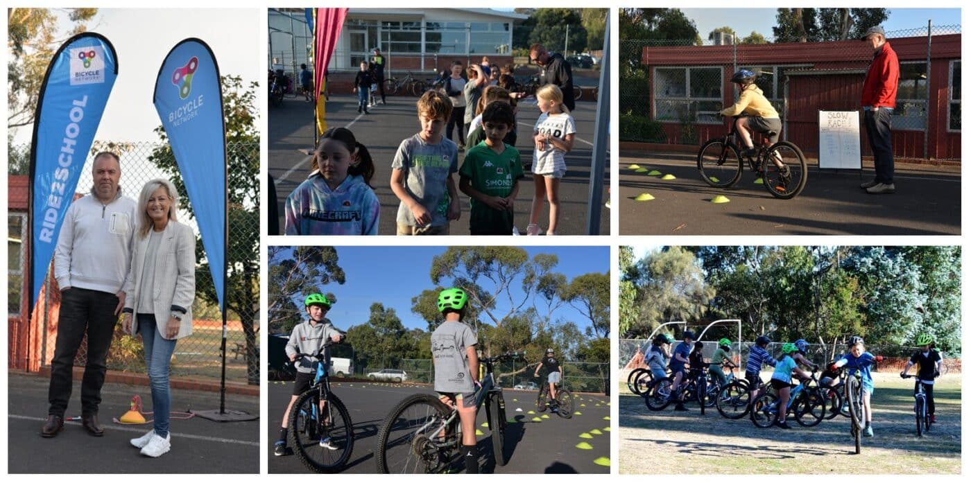 Five photos arranged in gallery showing children riding bikes, a man and woman standing between Ride2School Day flags and a line of children.