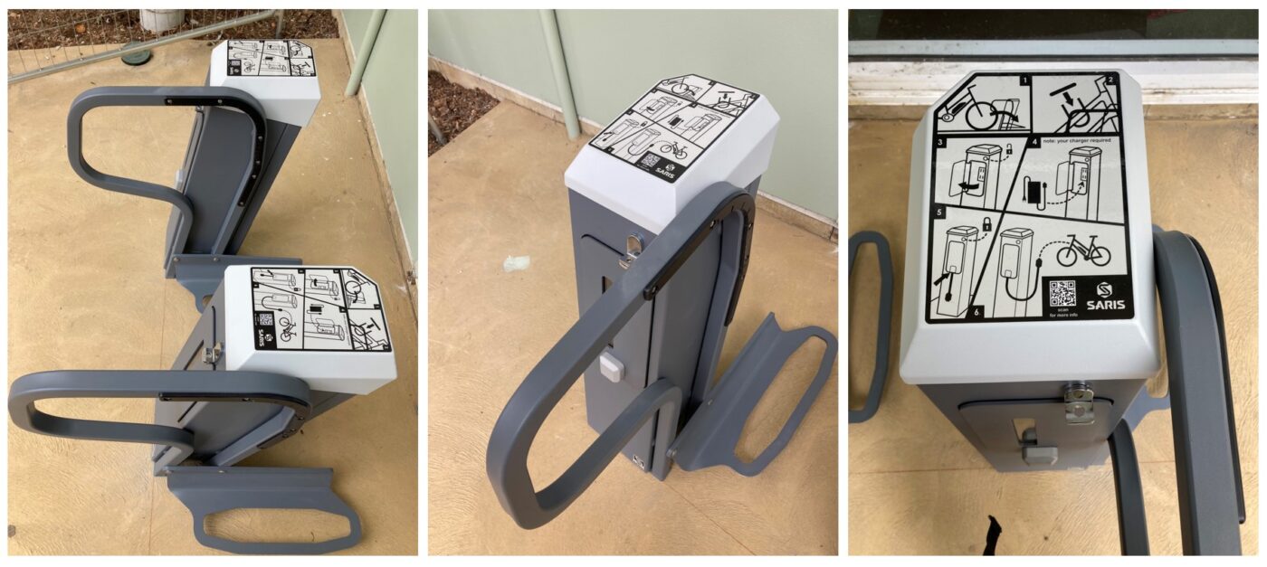 Three views of 2 ebike charging bike parking stands from above, showing 2 together, one on its own and a close-up of the instructions on top.