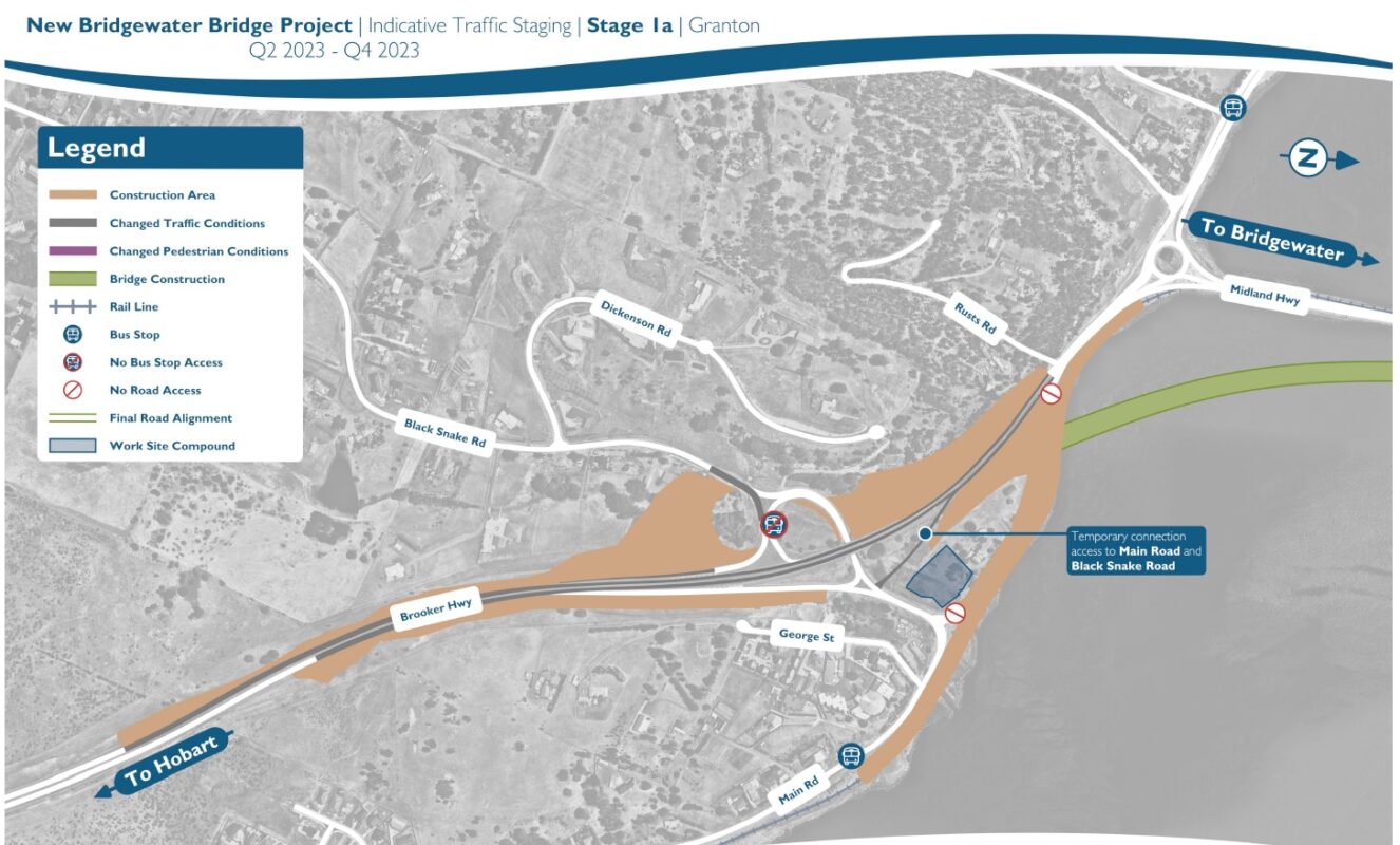 Map of the Granton side of the Bridgewater Bridge, showing the areas that are now worksites and the road routes that are open.