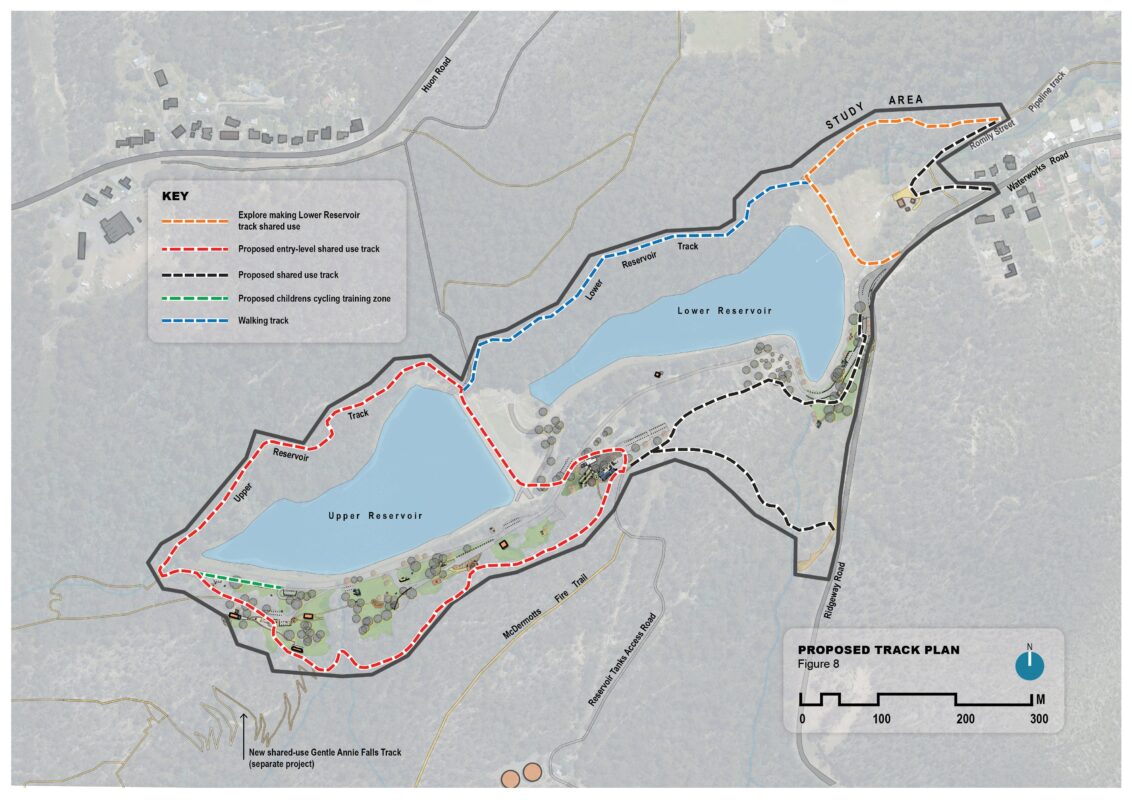 Artist drawing of planned new track routes around the upper and lower reservoirs at the Waterworks Reserve in South Hobart.