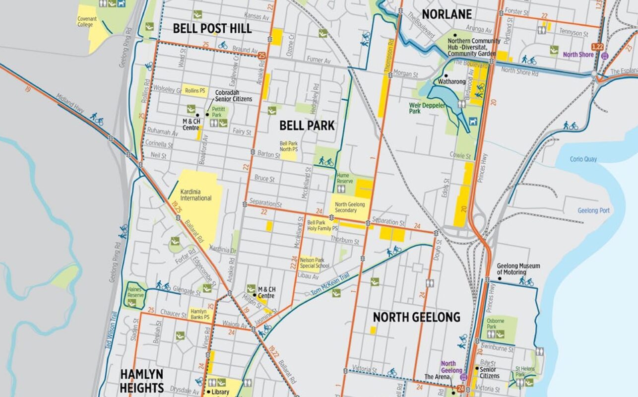 Map showing the bicycle paths and on-road bicycle lanes in North Geelong.