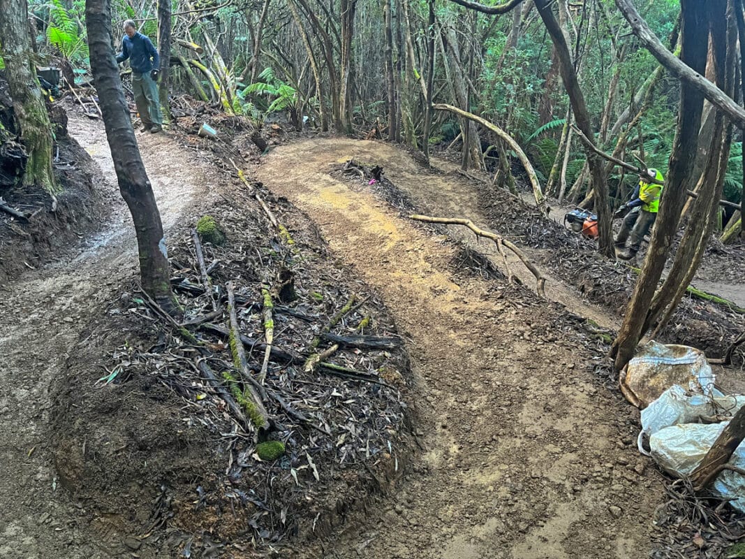 Fresh gravel on mountain bike trail wending through the bush, with one person at the top of photo and one off to the side at bottom.