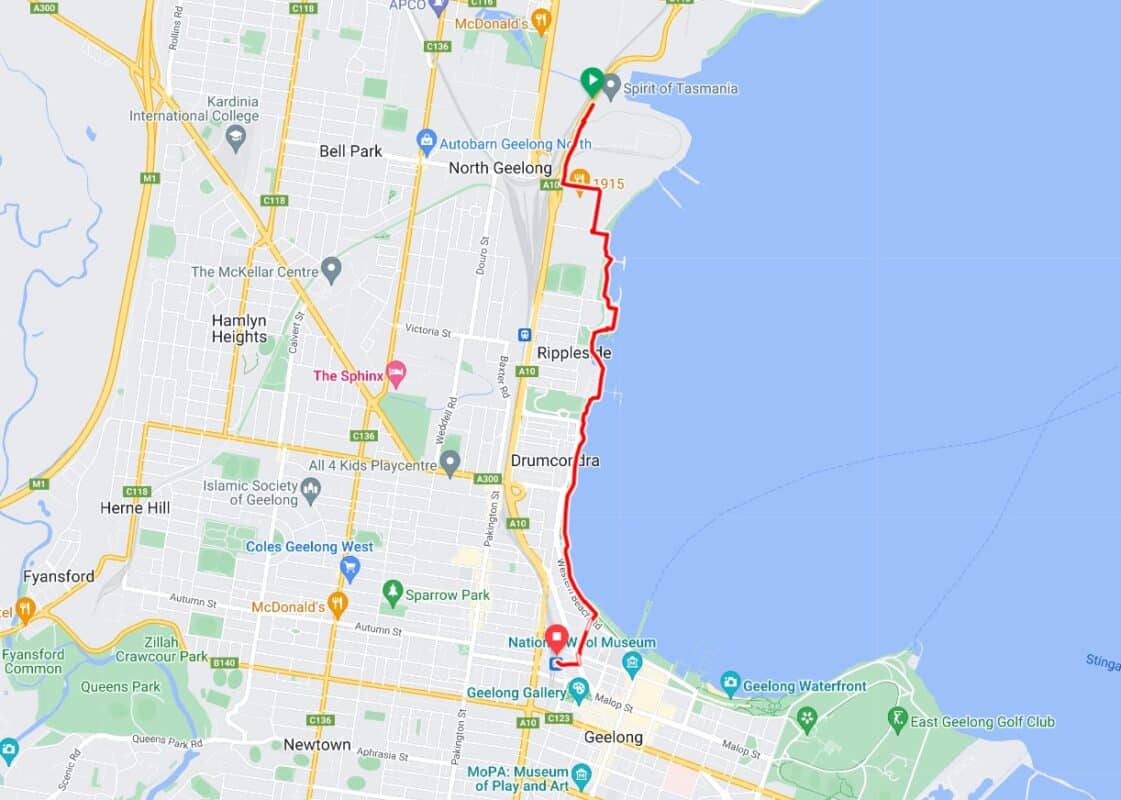 map showing a bike route between Geelong station and the Spirit of Tasmania terminal.