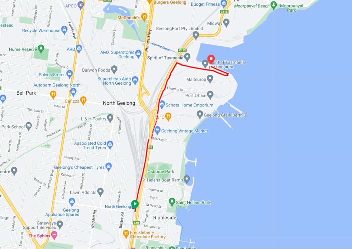 Map showing the bike route between the Spirit of Tasmania Geelong terminal and North Geelong station.
