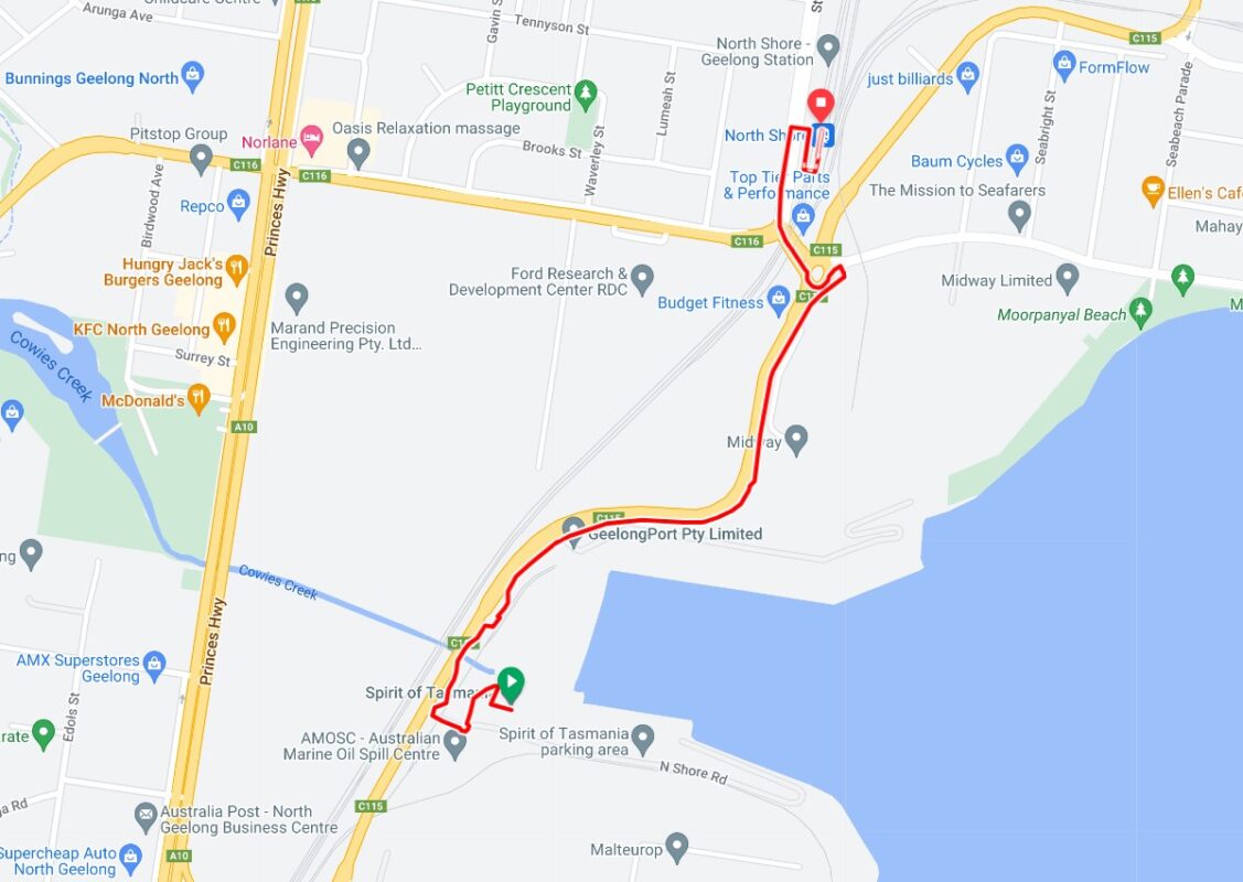 Map showing the bike route to North Shore Station from the Spirit of Tasmania Geelong terminal.