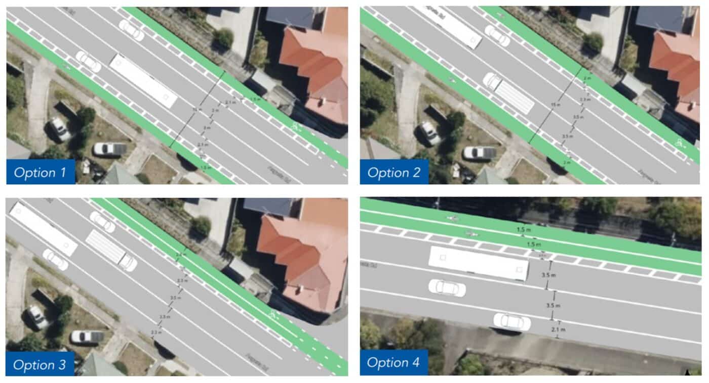 Four satellite images of Augusta Road showing potential cycleway treatments.