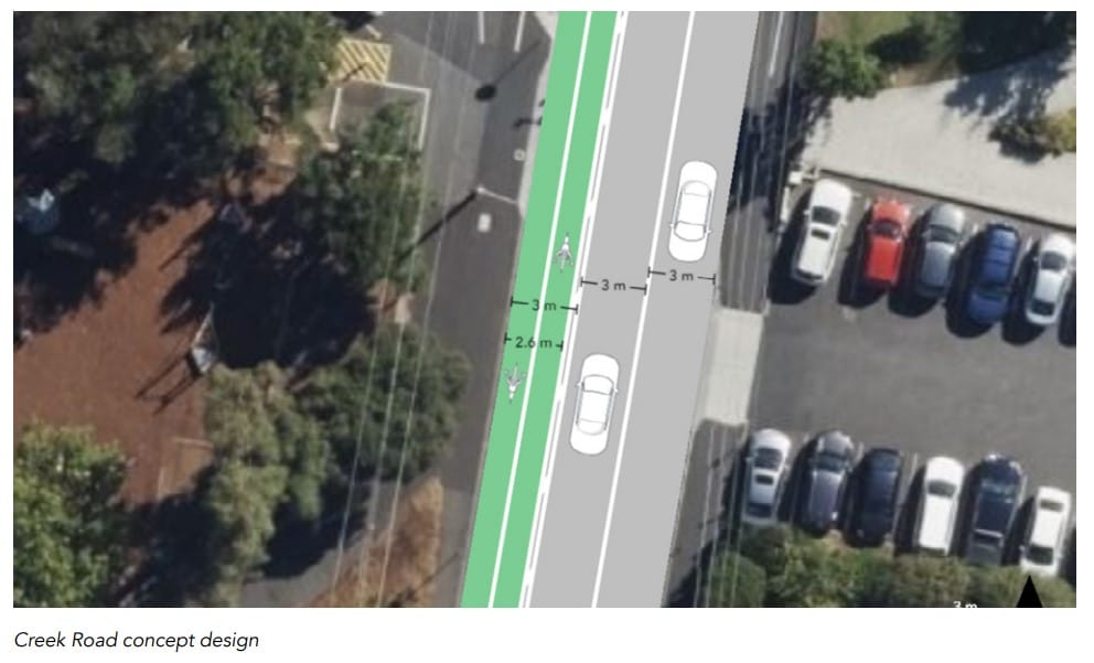Satellite image of Creek Road showing a green bi-directional cycleway on left of the road and two traffic lanes next to it.