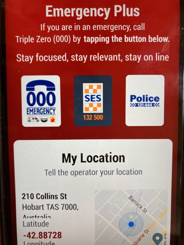 Screenshot of a phone screen showing the emergency app which allows you to press a button to notify 000 and send your location details. 