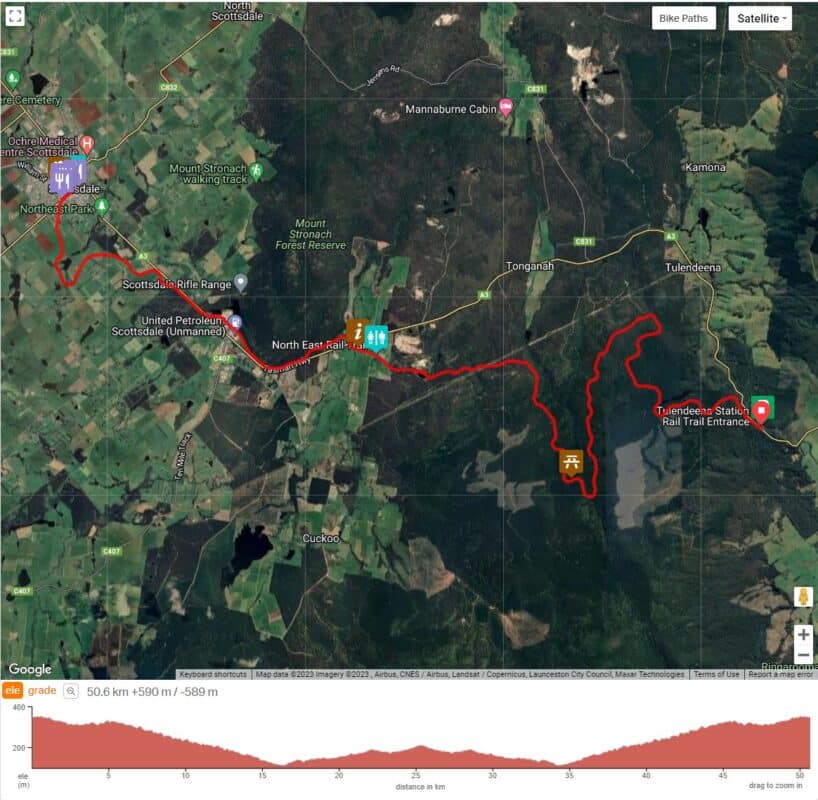 Satellite map showing a red line where the NE Rail trail runs with a graph of distance and elevation of the route underneath.