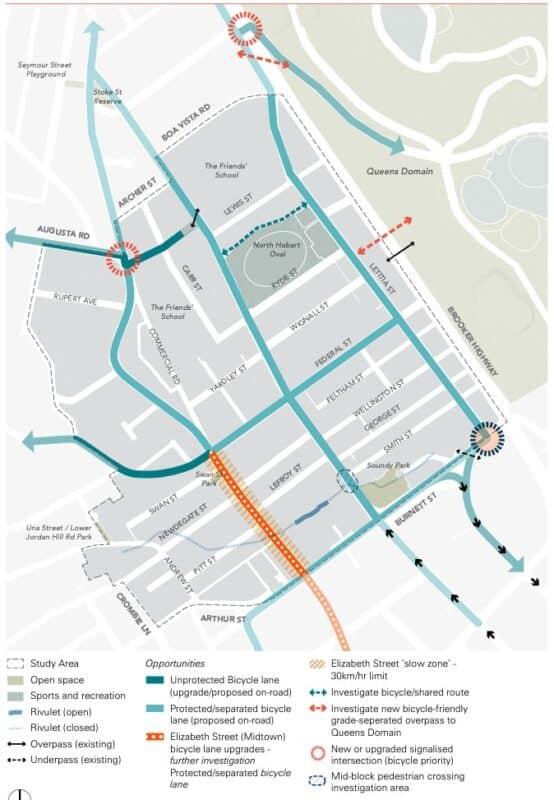 Map showing where protected cycleways could be considered in North Hobart.