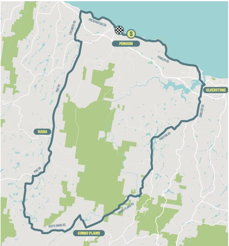 Drawn map showing a blue loop that is the course from Penguin through Gunns Plains and back to Penguin. 