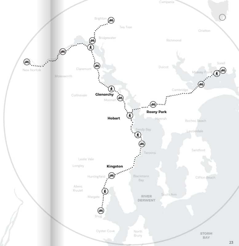 A map showing the active transport corridors in the Keeping Hobart Moving plan.