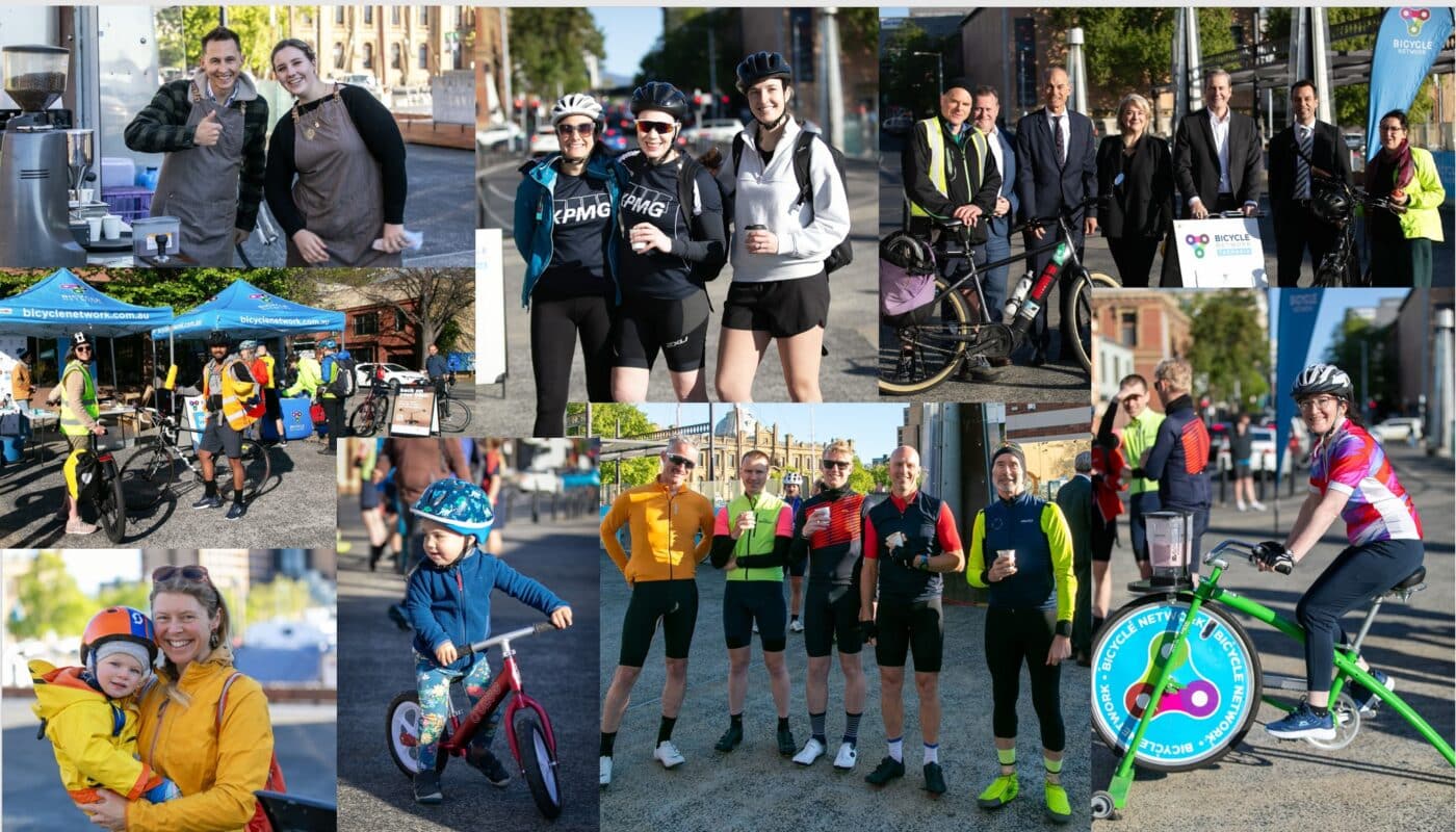 Collage of photos showing people at the Ride2Work Day breakfast on Hobart's waterfront.
