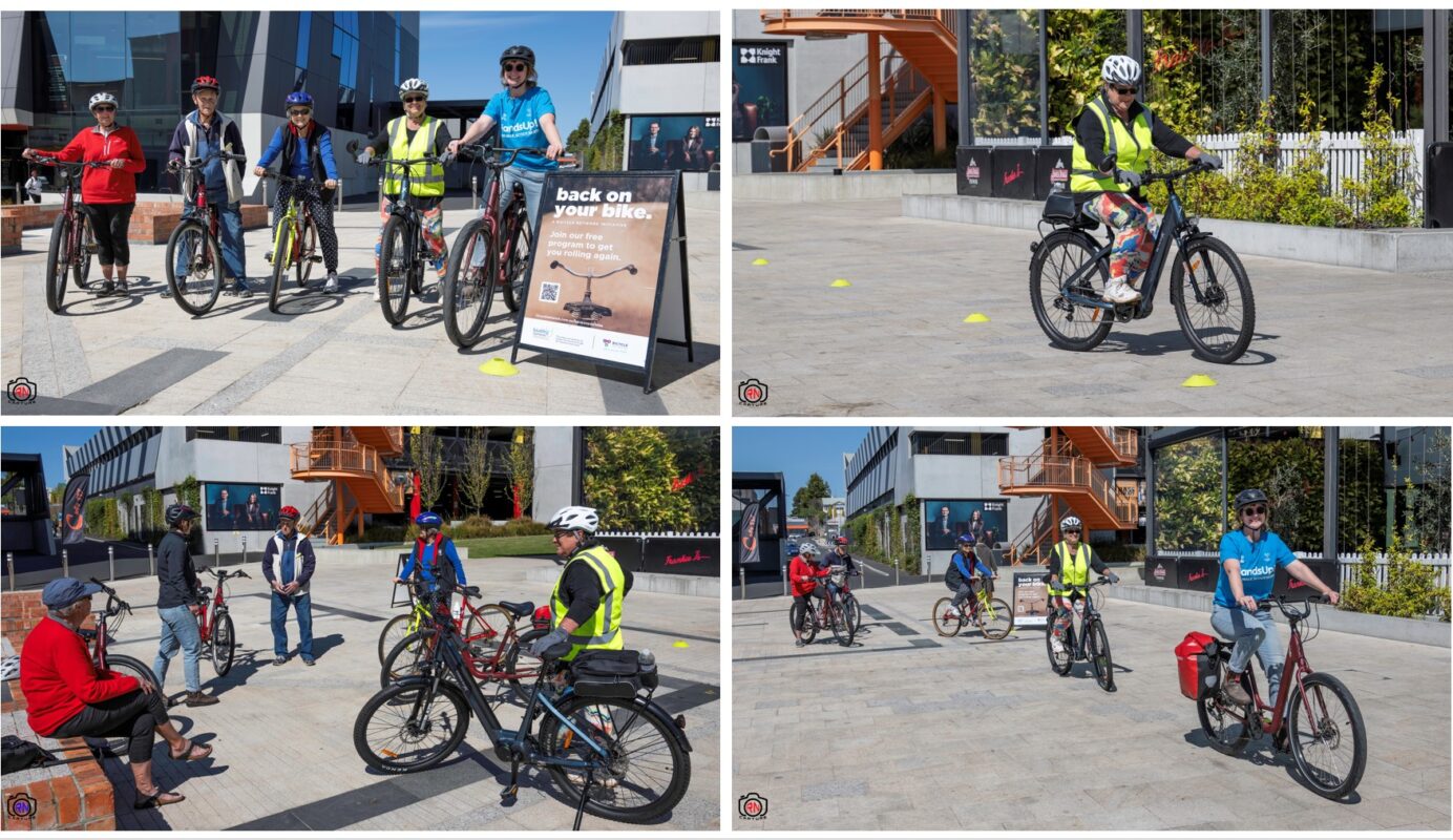 Four photos of the Devonport Back on your Bike session at Market Square as part of Seniors Week.