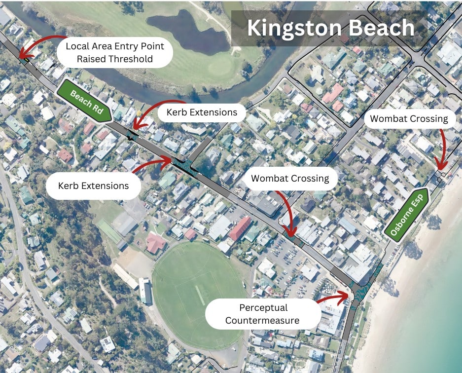 Satellite map of Kingston Beach showing places where crossings and kerb bulbing would go.