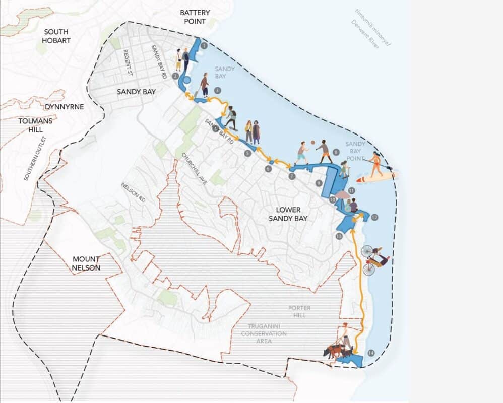 Map showing existing open space along the Sandy Bay waterfront and connection that could be made between them.