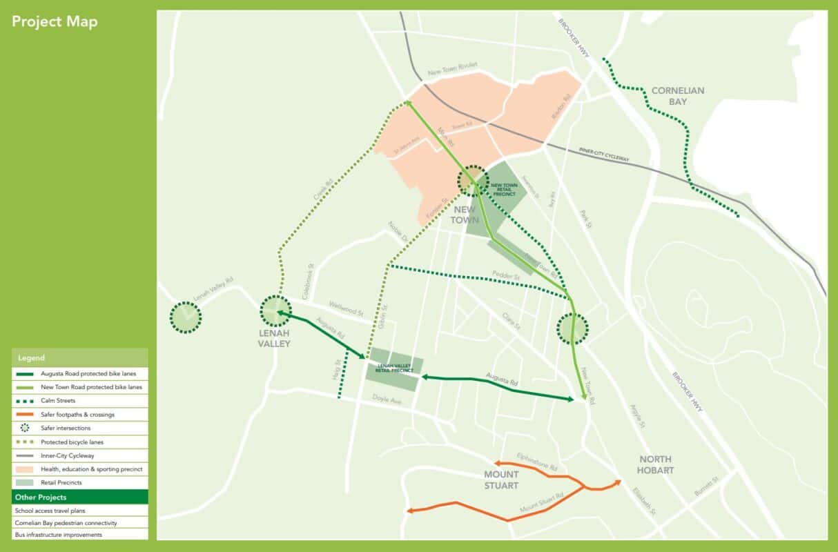Map of Lenah Valley showing the proposed separated cycleways on Augusta Rd and Newtown Rd.