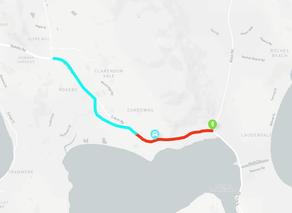 Drawing of the South Arm Road upgrade route, with one section in red and the other section in blue.