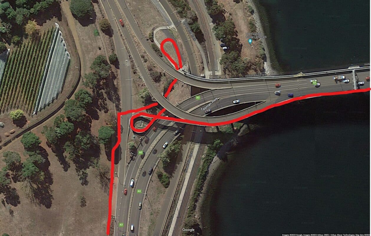 Sateelite map view with red line showing how to cross the highway off and on the Tasman Bridge.