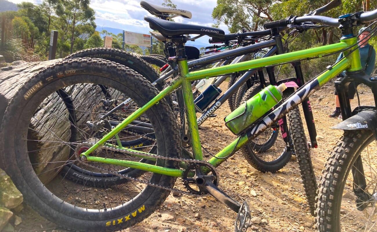 Single speed bikes in a line in front of a log at the trailhead of one of the MTB trails on kunanyi/Mt Wellington
