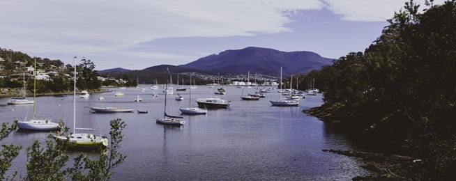 Boats moored on an inlet with a path in the foreground and kunayi/Mt Wellington in the background.