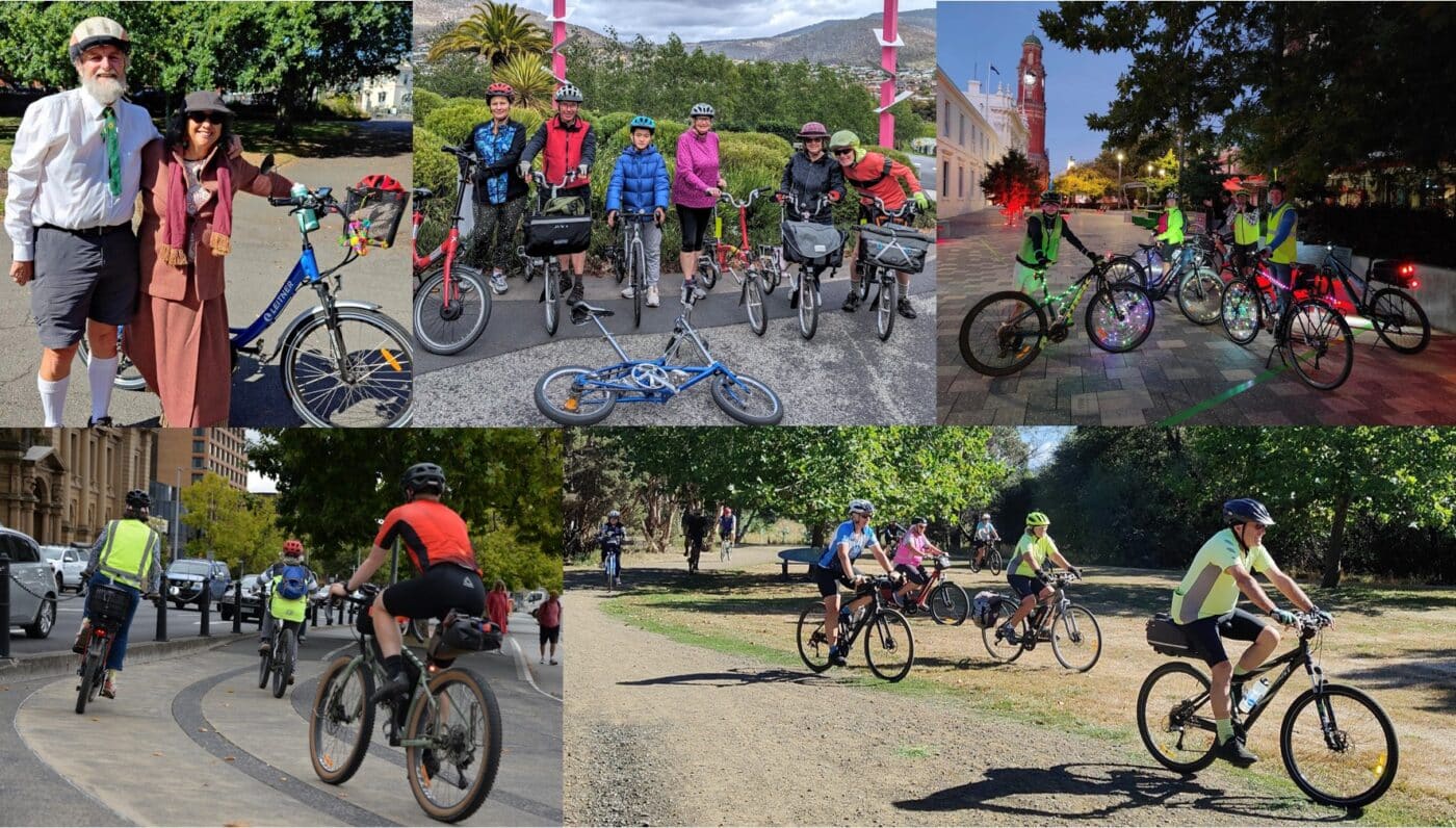 Collage of five photos showing people standing with bikes or riding them in a group.