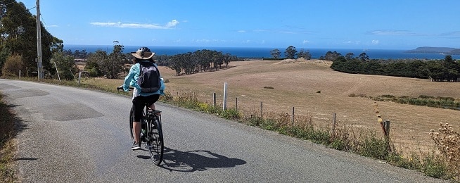 A woman rides along a sealed country road with paddocks to her right and the sea beyond.
