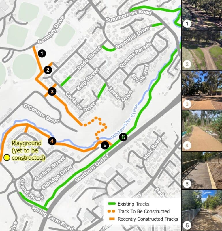 A map showing new gravel paths installed in Kingston, along with pictures of the paths.