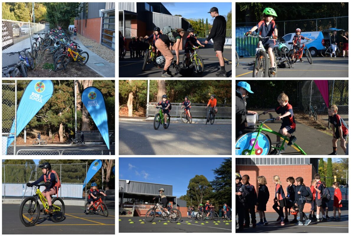 Nine images of children on bikes at South Hobart Primary School's basketball courts and the footpath outside the school.