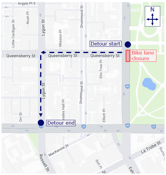 Google map view showing the detour route for the Queensbury and Rathdowne streets closure.