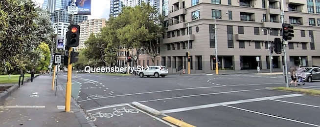 Image of the corner of Rathdowne and Queensbury streets in Melbourne.