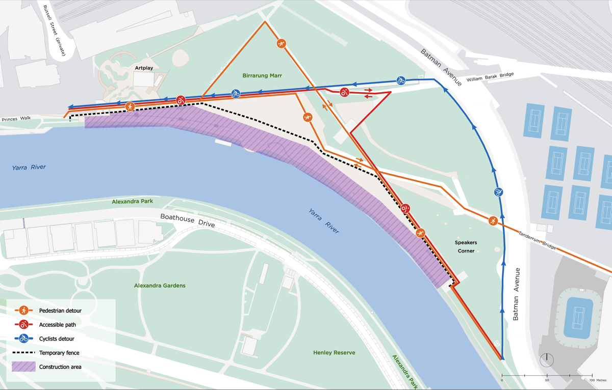 Google maps views showing the detour route for the closure of the Birrarung Marr path for the Greenline work.