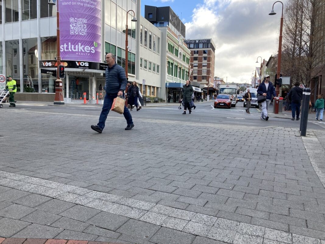Elizabeth and Liverpool streets intersection showing people walking in different directions during the scramble crossing trial.