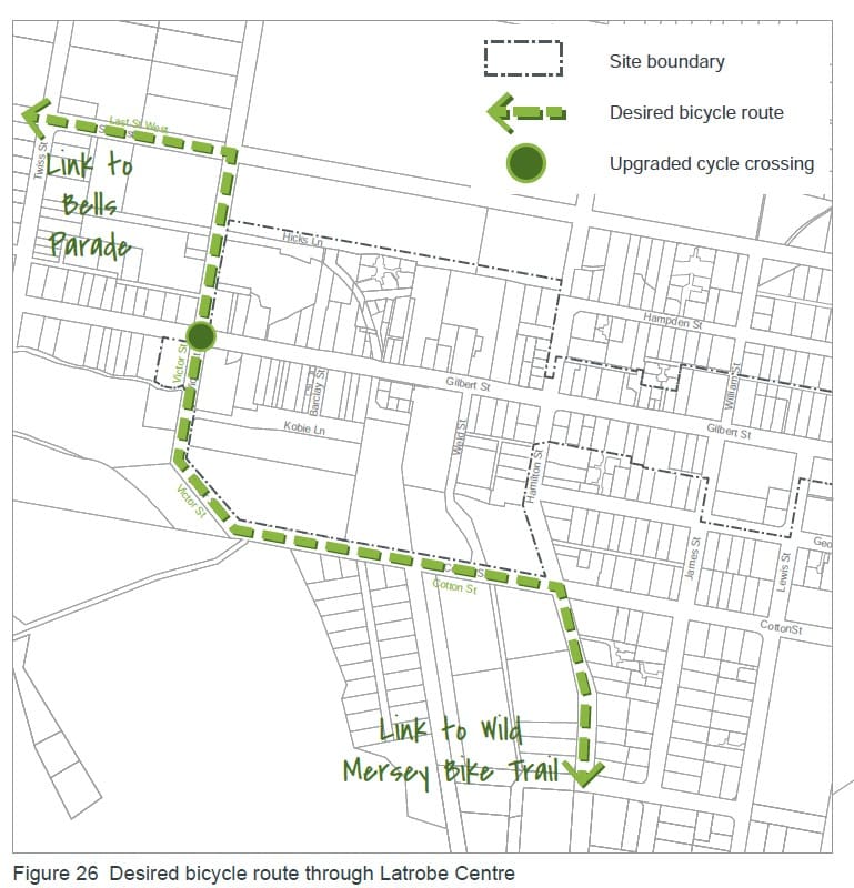 Line map showing the preferred cycling route through Latrobe town centre via a dotted green line.