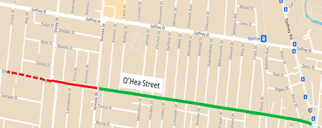 Google Map showing O.Hea Street bike lane extension via a green line on the map.