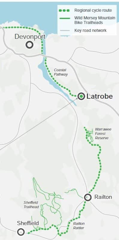 Line map showing the Coastal Pathway to Latrobe as a dotted green line then the informal bike route from Latrobe to Wild Mersey MTB trails as another dotted green line.