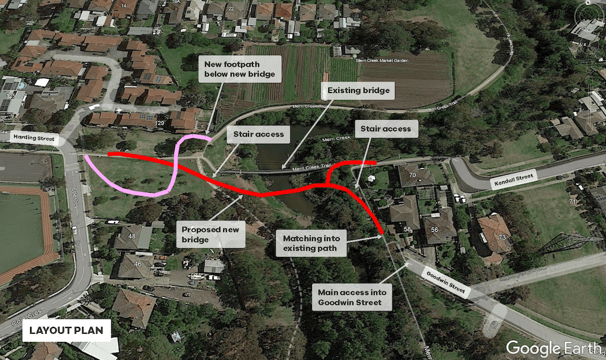 Satellite image of the Harding Street Bridge with text boxes across the image showing the works that are due to occur.