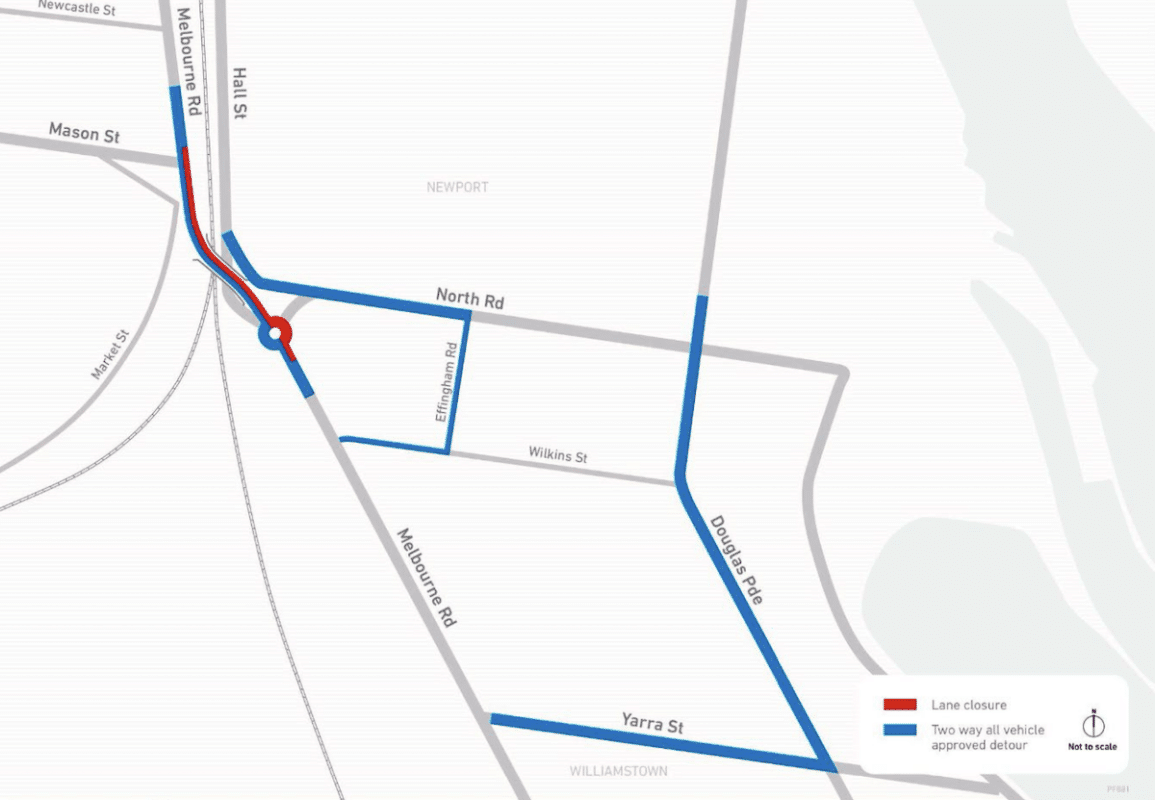 Line map showing the detour route via a blue line for the closure of Melbourne Road at Newport.