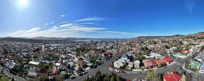 Drone photograph of West Hobart and Mt Stuart, with the River Derwent in the background.