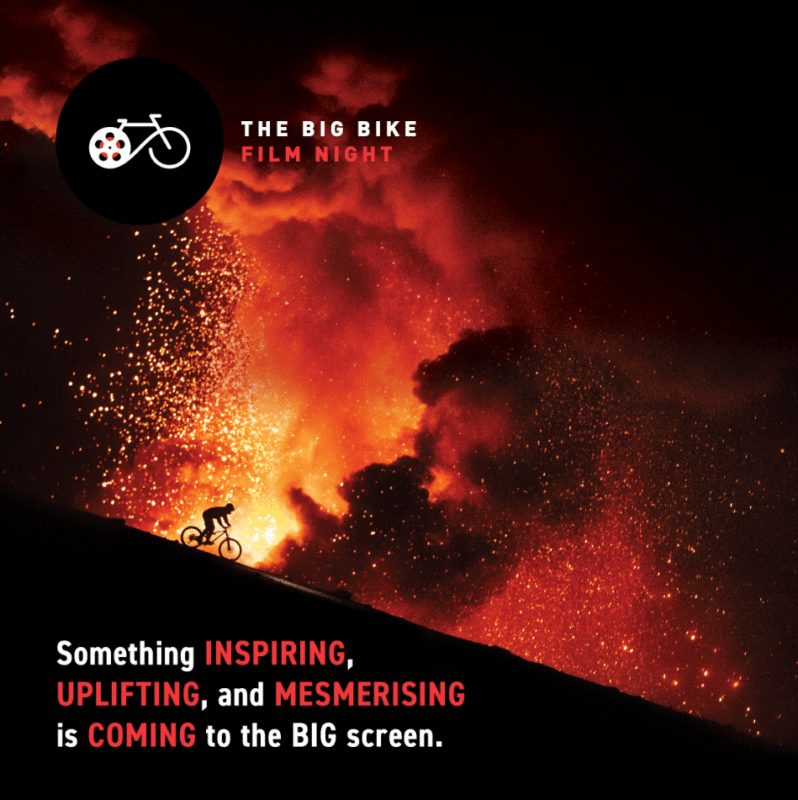 Silhouetted bike rider on a steep slope with fire in the background and Big Bike Film Night logo