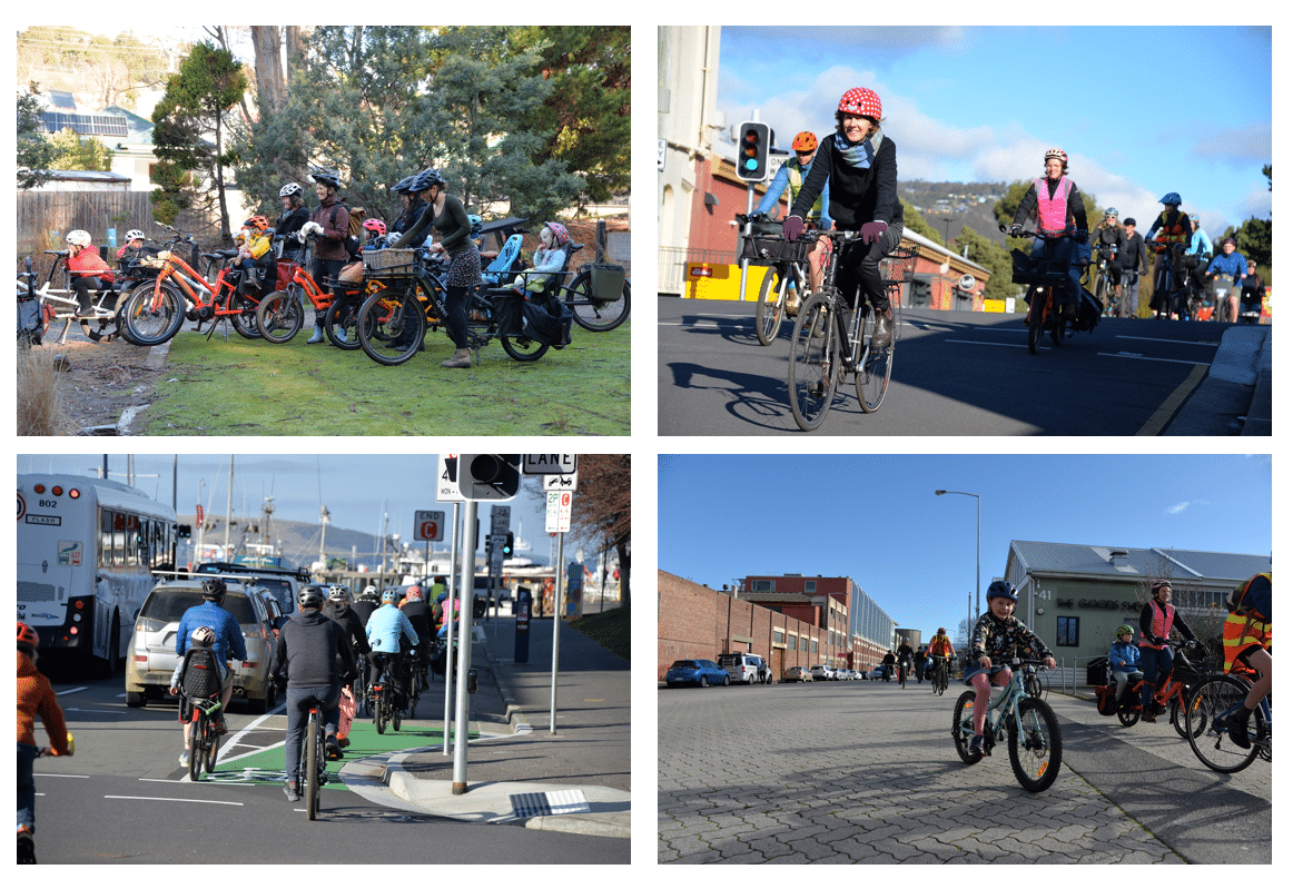 Four images of the Collins Street community ride showing a group of parents standing with their cargo bikes and children, and people during the ride on Collins Street, Campbell Street and Hunter Street.