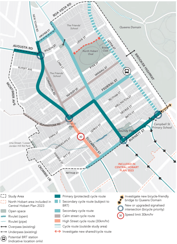 Drawing of North Hobart showing primary and secondary cycle lane options in different colours.