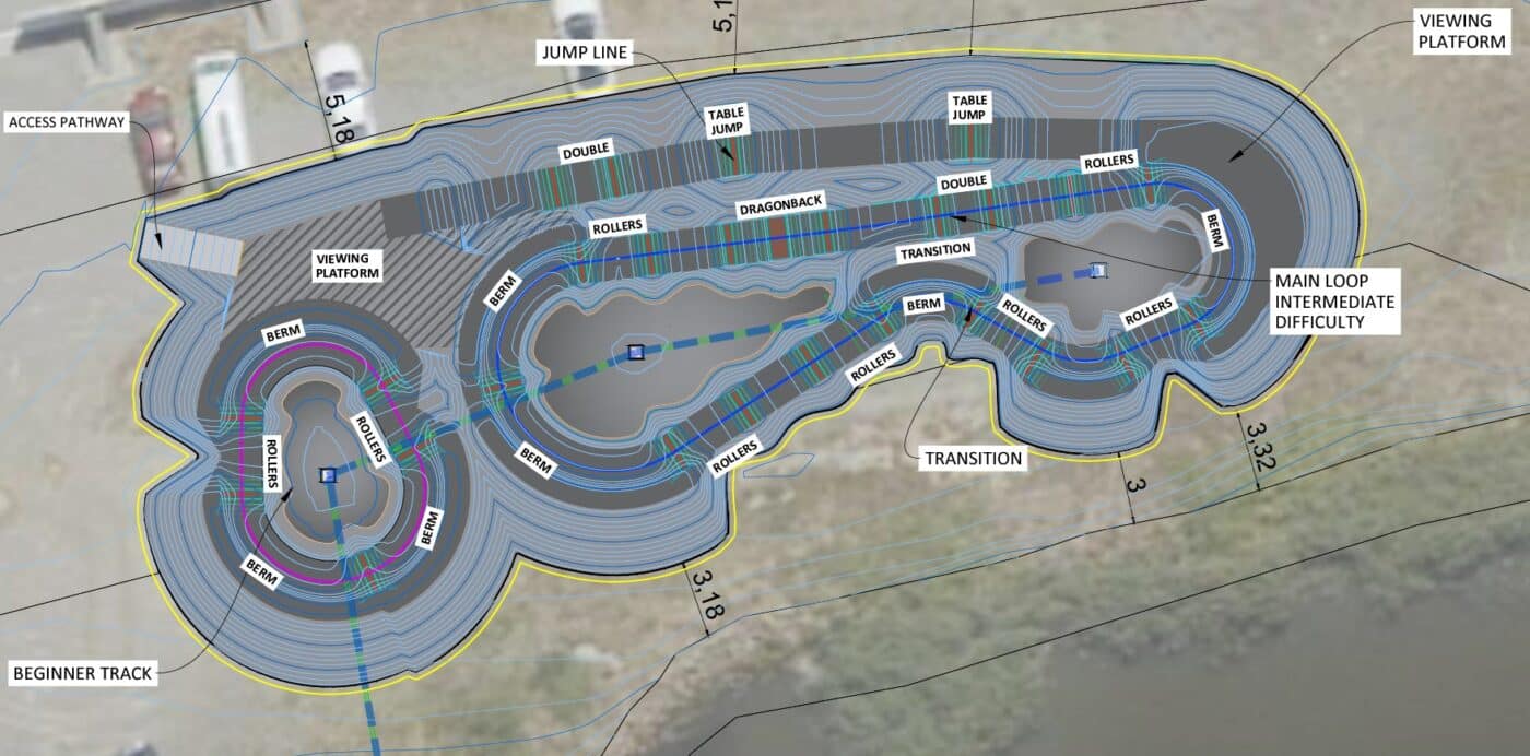 Design drawing of the different elements in the pump tracks planned for Riverbend Park.