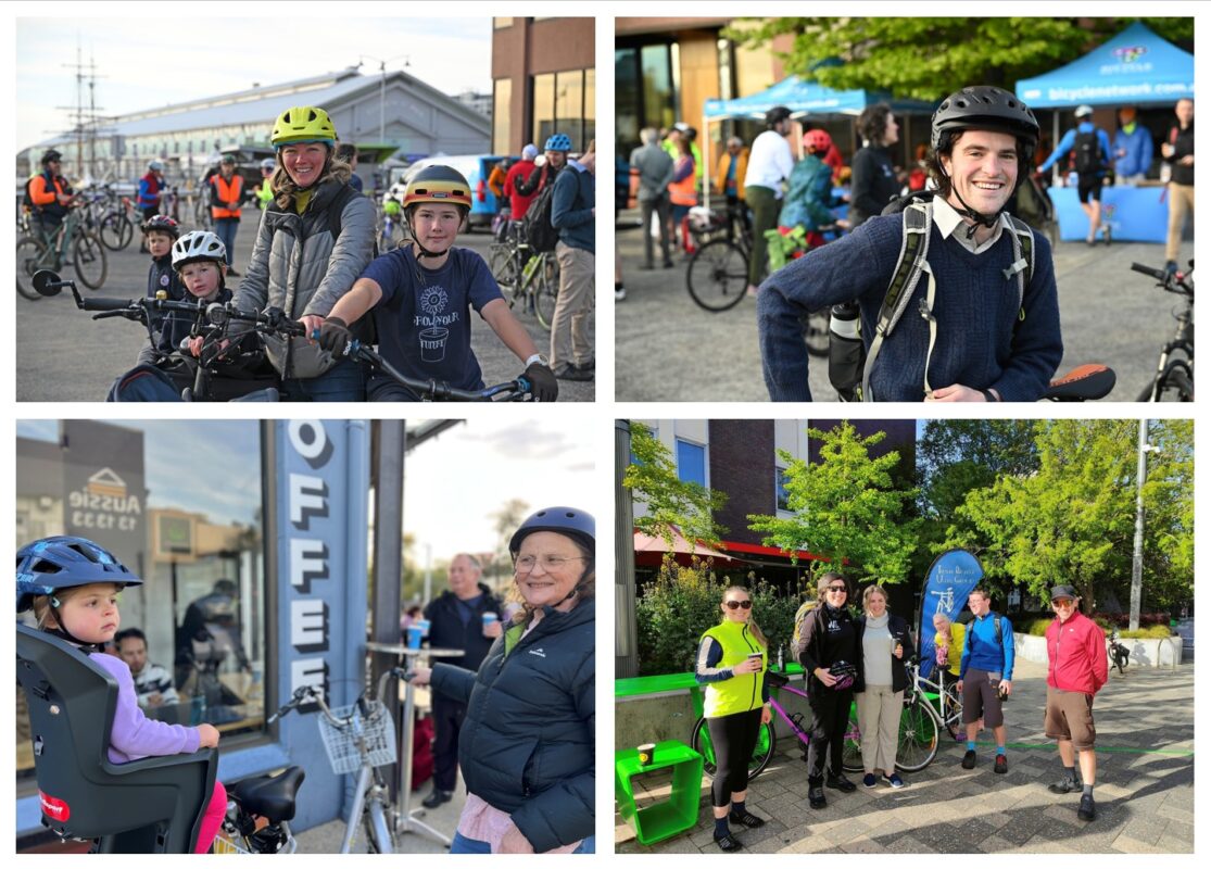 The four photos show three breakfasts across Tasmania to celebrate Ride2Work Day.