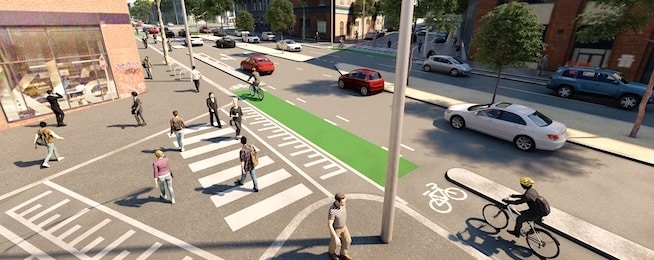 Artist impression of separated bike lanes on Queensberry Street showing a raised table intersection at a side street.