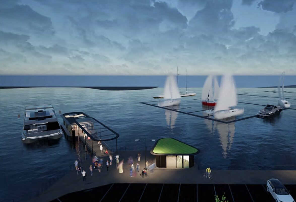 Artist's impression of the upgraded ferry terminal at Bellerive showing the bike enclosure with a green roof.